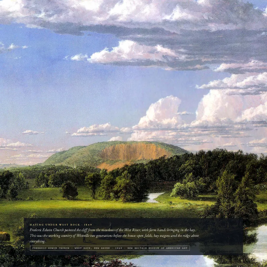 A page from a House Atlas: an 1849 painting of farm hands haying beneath West Rock, New Haven.
