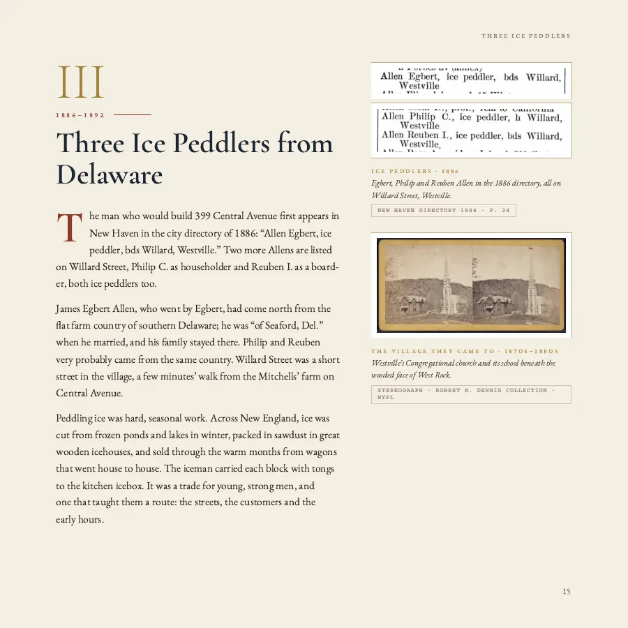 The chapter opening 'Three Ice Peddlers from Delaware', with directory entries.